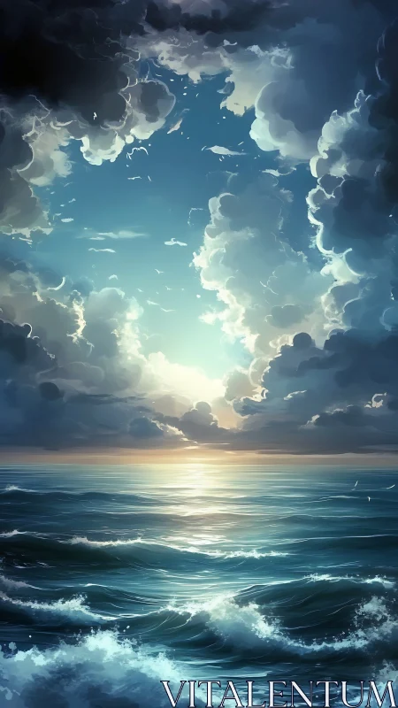Storm-framed seascape renders luminous sunset with dynamic clouds