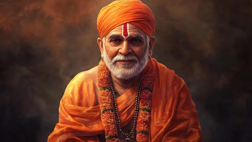 Elderly Hindu monk radiates calm wisdom in warm light.