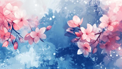 Pink Cherry Blossoms Dance Through Blue Watercolor Haze.