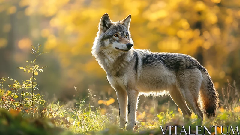 Gray wolf standing in sunlit autumn forest clearing.