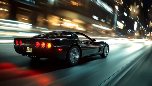 Sleek black sports car cuts through neon city streets at speed