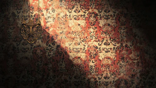 Antique brass pendant lamp casting diagonal light on aged rug