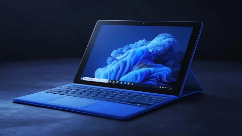 Slim blue 2-in-1 tablet laptop with detachable keyboard and stand