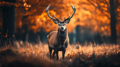 Cervid subject in bokeh-compressed autumnal forest fieldscape.