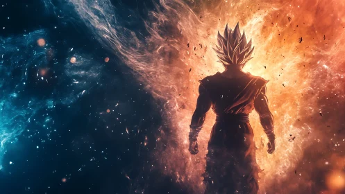 Cosmic warrior silhouette amid blue and orange energy storm.