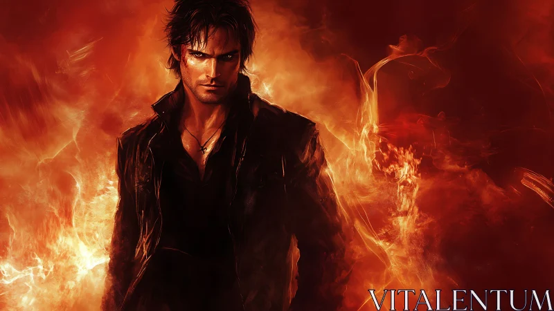 Brooding antihero stands in swirling inferno of burning light