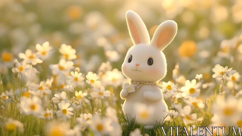 Digital painting of plush rabbit amid luminous daisy meadow.