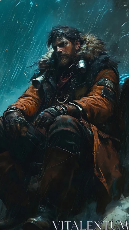 Digital painting of a rugged post-apocalyptic wanderer in storm.