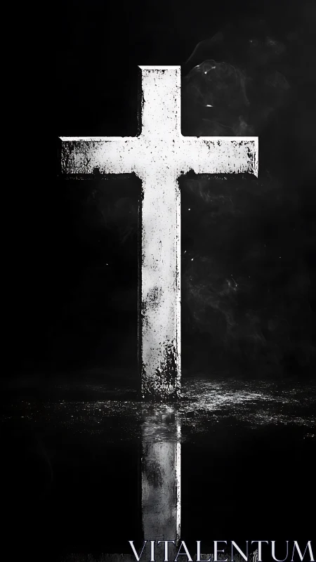 White distressed cross with dark reflection on black field.