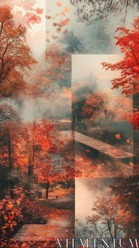 Golden misty autumn bridge weaving through quiet woods.