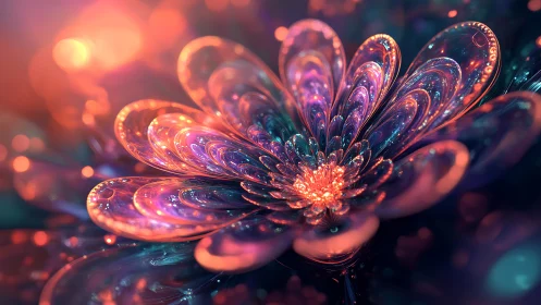 Fractal glass blossom glows with neon bokeh light.