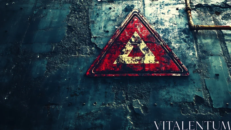 Rusty red hazard triangle on weathered blue metal wall.