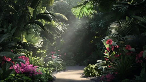 Sunlit pathway extends through dense tropical vegetation