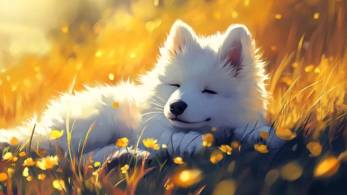 Sunlit white puppy rests in glowing bokeh meadow at golden hour