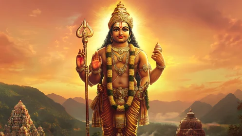 Hindu deity statue stands before sunset mountains and temples