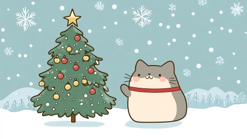 Cute cat waves beside a festive Christmas tree in snow
