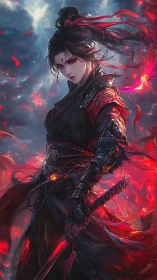 Stormlit fire warrior with crimson blade and calm resolve.