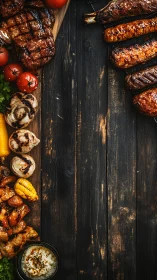 Grilled meats and vegetables border dark wooden background