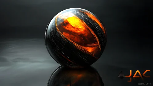 Molten dusk coils inside a polished obsidian digital sphere