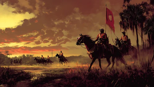 Mounted soldiers ride through dusk-lit marshland under banner