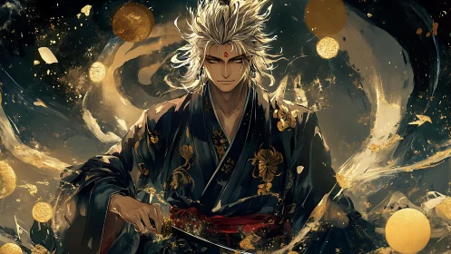 White‑haired samurai channels swirling golden cosmic power.