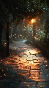 Rain-dusted garden path glowing under gentle lamplight.