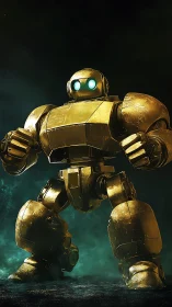 Gold armored robot stands in dramatic low angle lighting
