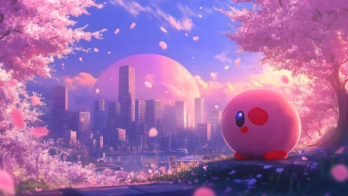 Dreamy pink mascot gazes over neon city at sakura sunset