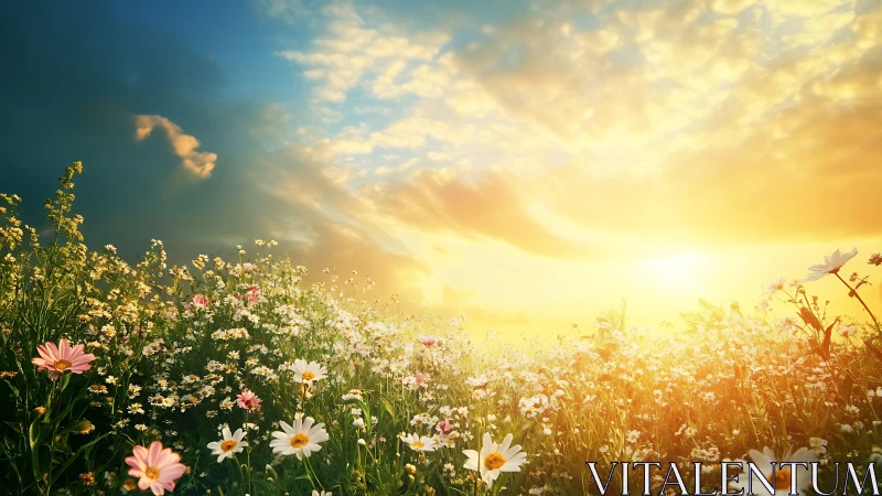 Sunrise pours gold over a wildflower meadow in bloom.