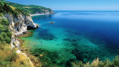 Turquoise cliffs and gentle coves along a calm summer sea.
