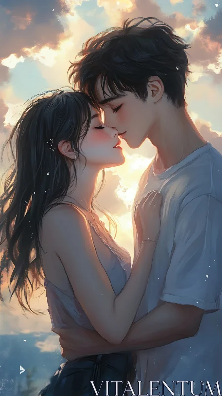 Two souls converge against heavens golden glow, locked in tender recognition