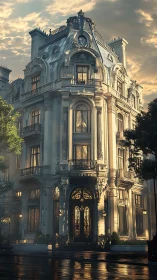 Twilight Baroque Mansion Sipping Gold From The Evening Sky.