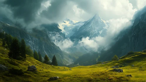 Digital painting of alpine valley under dramatic cloud cover.