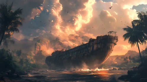 Massive derelict ship grounded in tropical river canyon at dusk