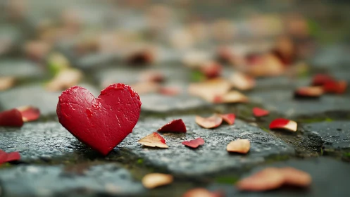 Red heart-shaped petal formation on wet slate surface with macro bokeh