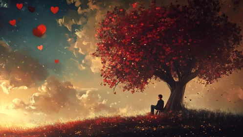 Solitary Figure Beneath Luminous Heart-Laden Tree at Sunset