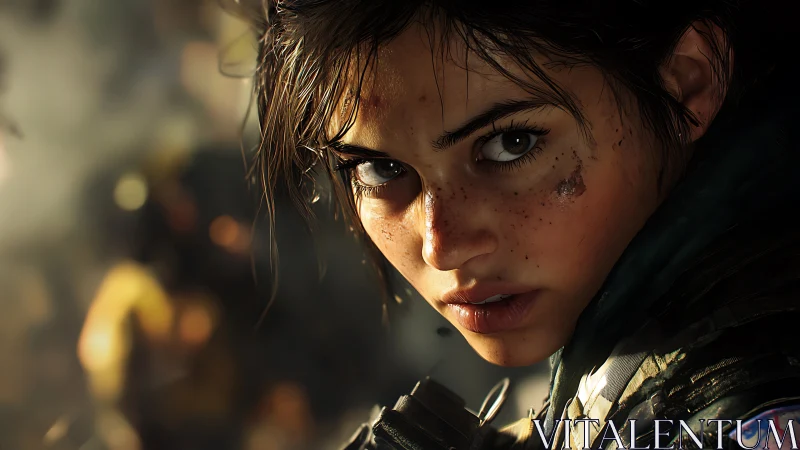 Battle-scarred warrior girl locks on with burning resolve.