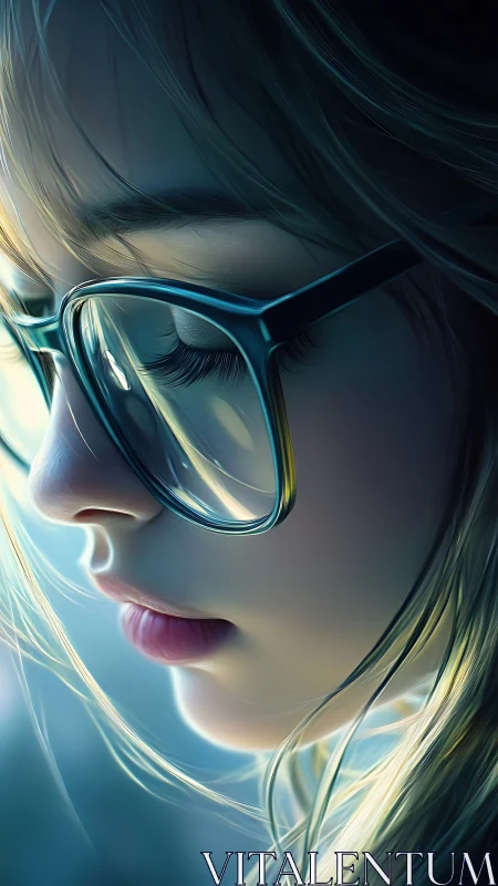 Optically magnified profile of girl in reflective teal glasses.