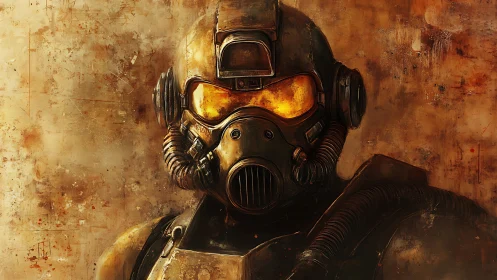 Armored soldier in weathered hazmat helmet stares forward