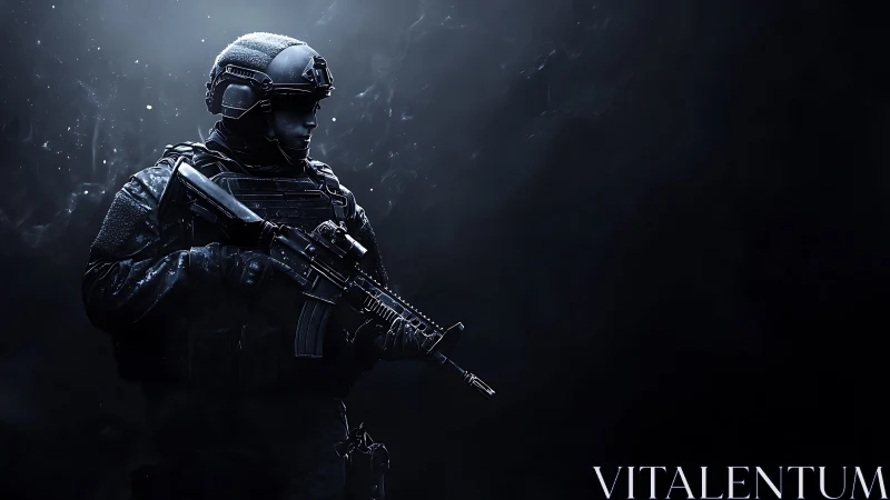 Shadow-clad tactical soldier waits in drifting blue haze.