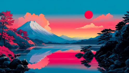 Neon sunset illuminates mountain lake with mirrored reflection