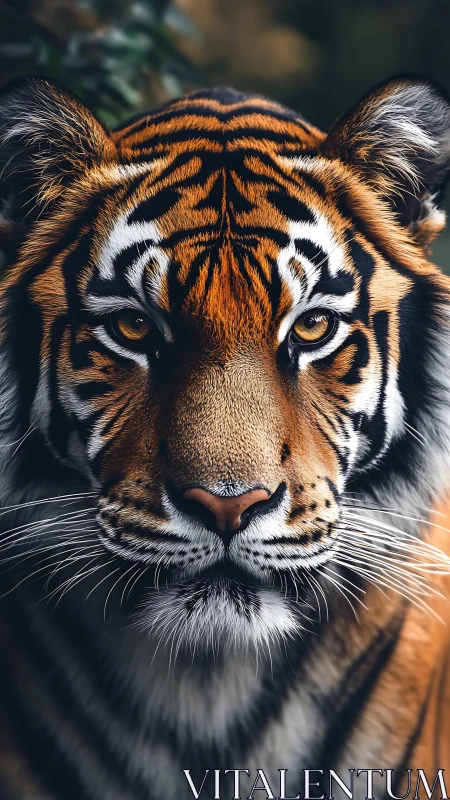 Majestic tiger stares ahead in a dramatic close forest portrait