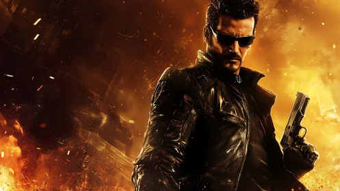 Armed man in leather coat amid intense fiery explosion.