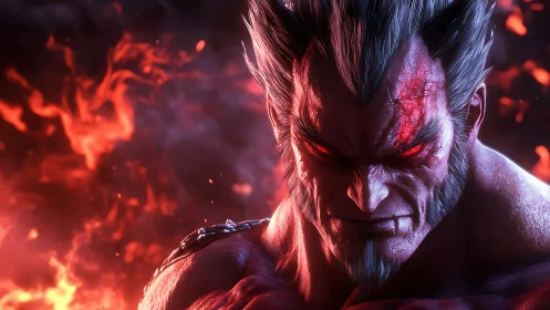 3D infernal warrior portrait with dramatic fiery backlighting.