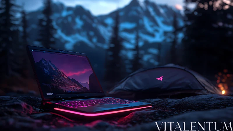 Gaming laptop glows at a mountain campsite under dusk skies