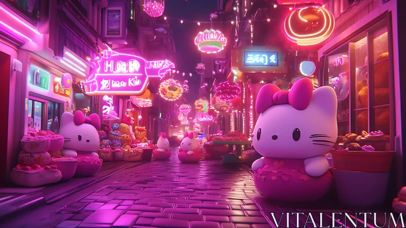 Neon alleyway with stylized cat figures and dessert stalls.