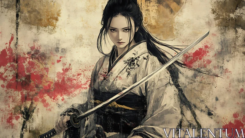 Samurai woman with drawn katana in textured backdrop.