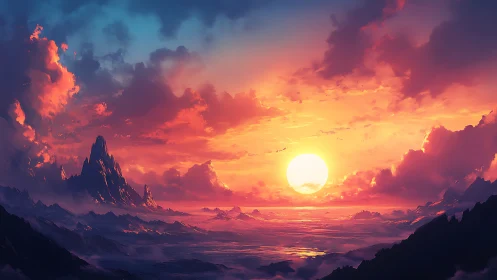 Sunset over stylized mountains and glowing sea horizon.