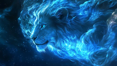 Starlit cosmic lion drifts through swirling blue nebulae