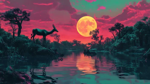 Silhouetted antelope by river under large full moon.